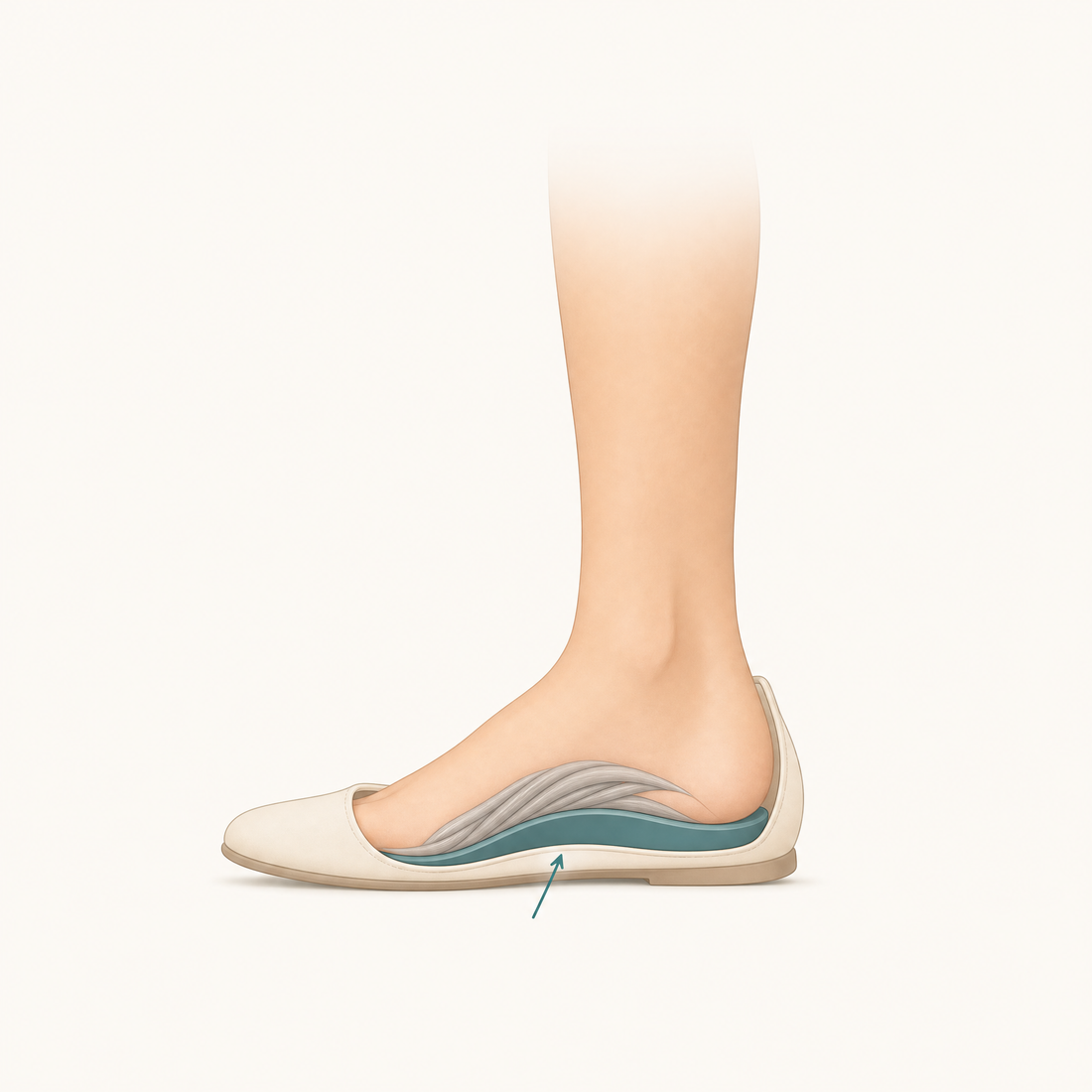 Side view of a foot in a shoe with an insole holding the arch up