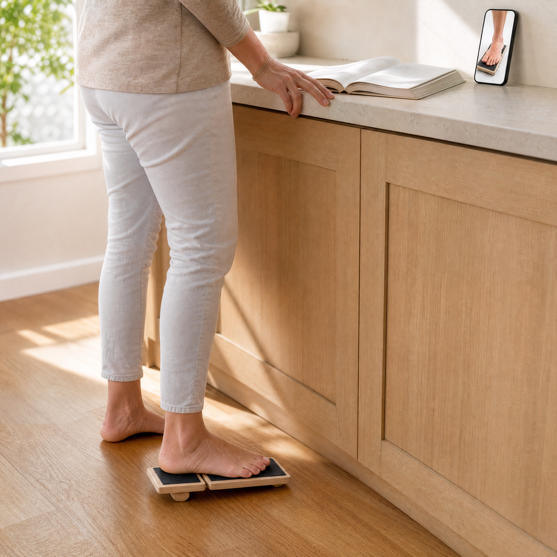A woman at her kitchen counter with one foot on the Elevodia Arch Trainer, following the guide and the video.